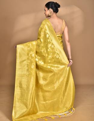yellow banarasi silk blend chanderi saree with blouse piece 4