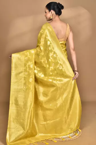 yellow banarasi silk blend chanderi saree with blouse piece