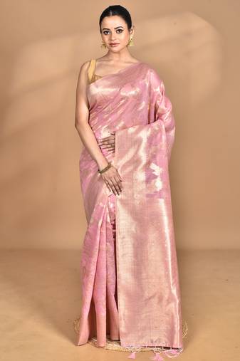 pink banarasi silk blend chanderi saree with blouse piece