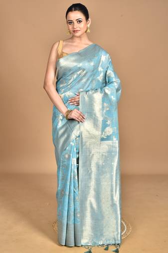 blue banarasi silk blend chanderi saree with blouse piece