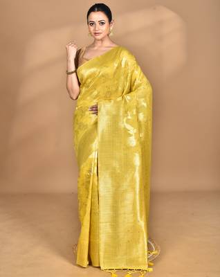 yellow banarasi silk blend chanderi saree with blouse piece 1