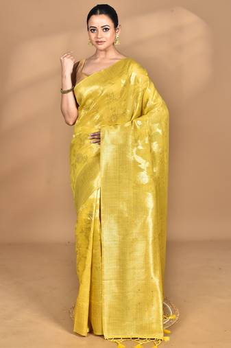 yellow banarasi silk blend chanderi saree with blouse piece