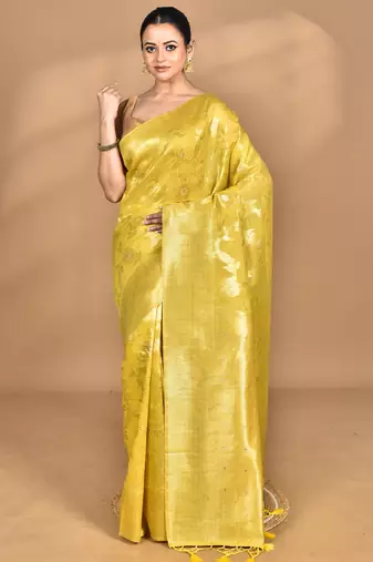 yellow banarasi silk blend chanderi saree with blouse piece