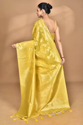 yellow banarasi silk blend chanderi saree with blouse piece