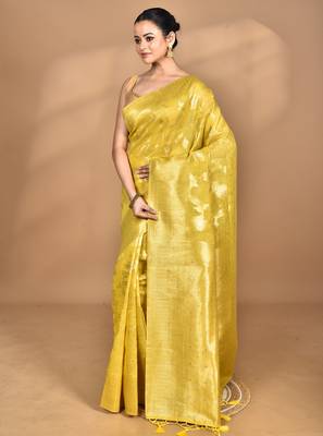 yellow banarasi silk blend chanderi saree with blouse piece 3