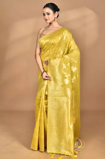 yellow banarasi silk blend chanderi saree with blouse piece
