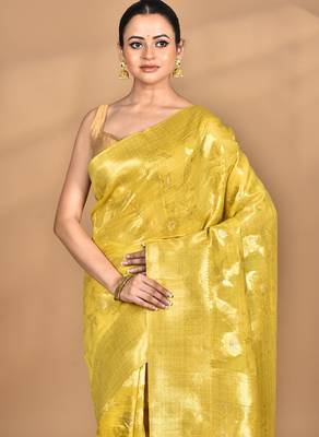 yellow banarasi silk blend chanderi saree with blouse piece 4