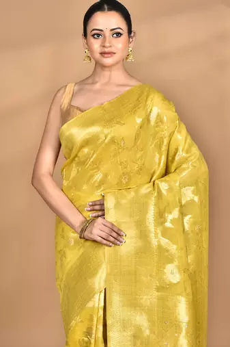 yellow banarasi silk blend chanderi saree with blouse piece