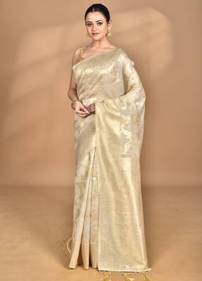 cream banarasi silk blend chanderi saree with blouse piece 1