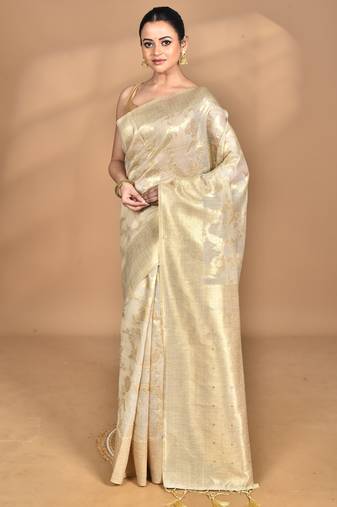 cream banarasi silk blend chanderi saree with blouse piece