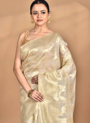 cream banarasi silk blend chanderi saree with blouse piece 2