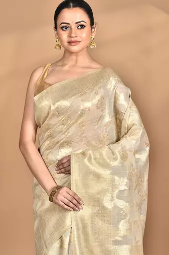 cream banarasi silk blend chanderi saree with blouse piece