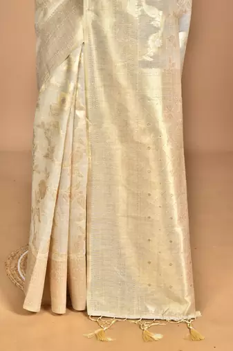 cream banarasi silk blend chanderi saree with blouse piece