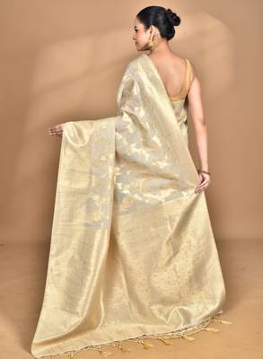 cream banarasi silk blend chanderi saree with blouse piece 4