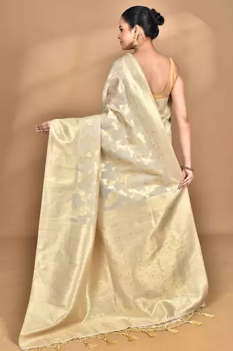 cream banarasi silk blend chanderi saree with blouse piece