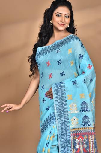 blue chanderi silk blend saree with blouse piece