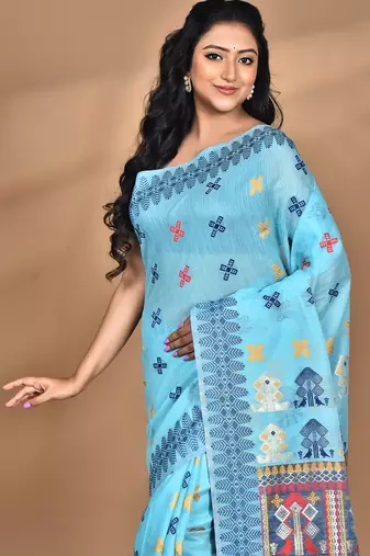 blue chanderi silk blend saree with blouse piece