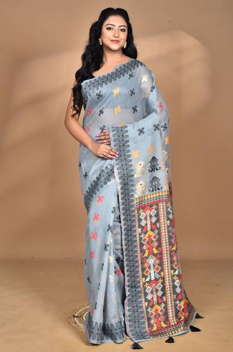 grey chanderi silk blend saree with blouse piece