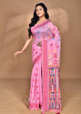 pink chanderi silk blend saree with blouse piece 1
