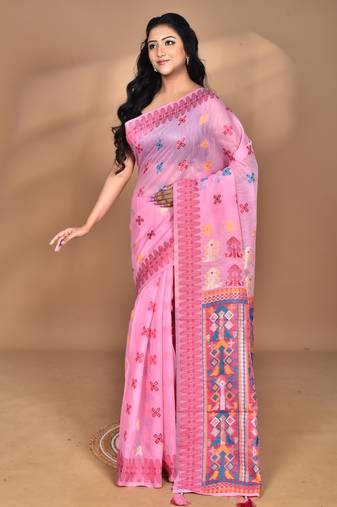 pink chanderi silk blend saree with blouse piece