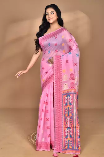 pink chanderi silk blend saree with blouse piece