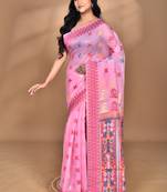 pink chanderi silk blend saree with blouse piece