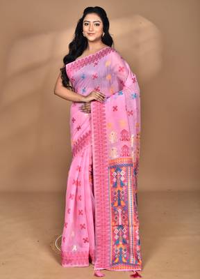 pink chanderi silk blend saree with blouse piece 2