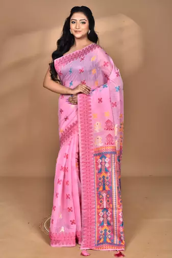 pink chanderi silk blend saree with blouse piece