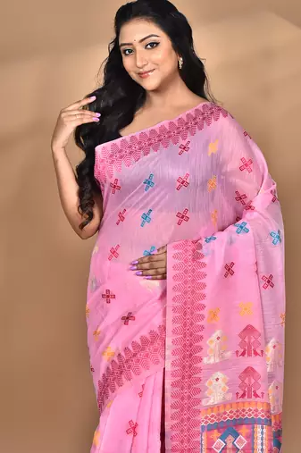 pink chanderi silk blend saree with blouse piece