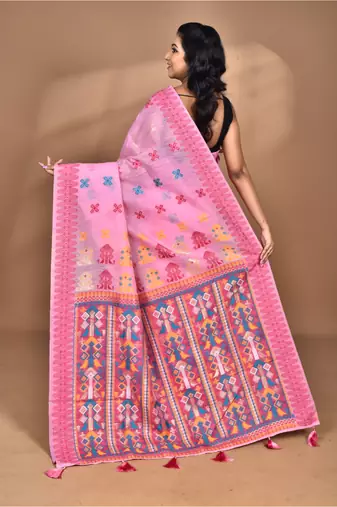 pink chanderi silk blend saree with blouse piece