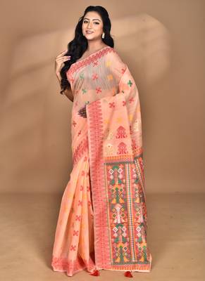 peach chanderi silk blend saree with blouse piece 1