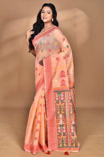 peach chanderi silk blend saree with blouse piece