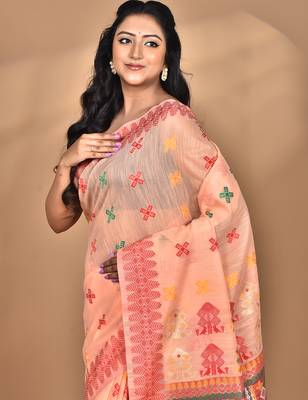 peach chanderi silk blend saree with blouse piece 2
