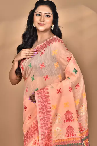 peach chanderi silk blend saree with blouse piece