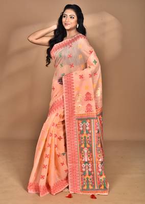 peach chanderi silk blend saree with blouse piece 3