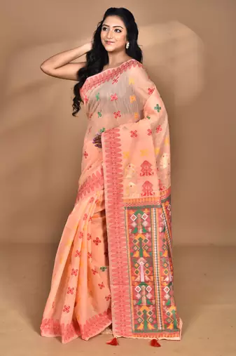 peach chanderi silk blend saree with blouse piece