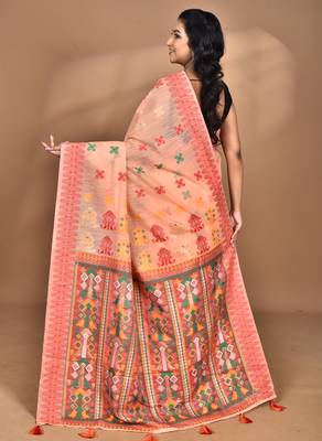 peach chanderi silk blend saree with blouse piece 4