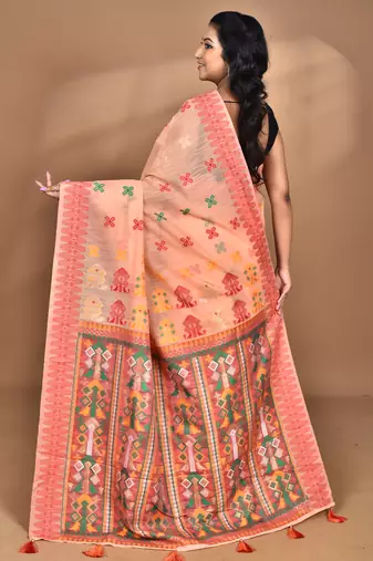 peach chanderi silk blend saree with blouse piece