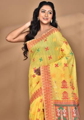 yellow chanderi silk blend saree with blouse piece 1