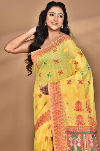 yellow chanderi silk blend saree with blouse piece