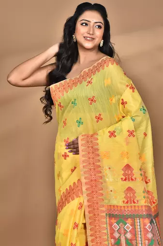 yellow chanderi silk blend saree with blouse piece