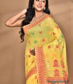 yellow chanderi silk blend saree with blouse piece