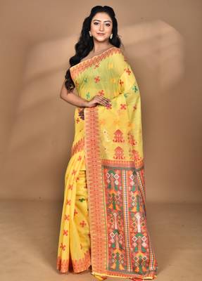 yellow chanderi silk blend saree with blouse piece 3