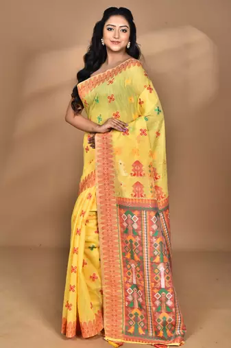 yellow chanderi silk blend saree with blouse piece