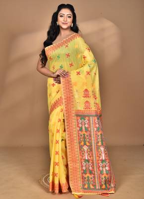 yellow chanderi silk blend saree with blouse piece 4
