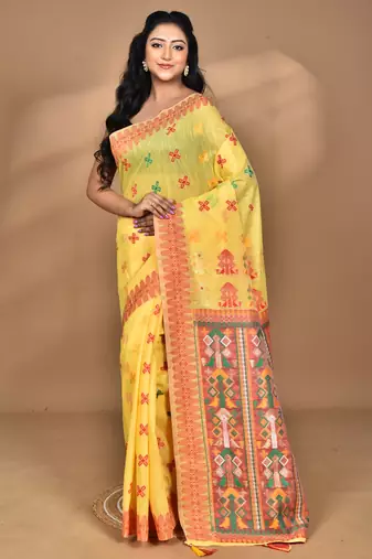 yellow chanderi silk blend saree with blouse piece