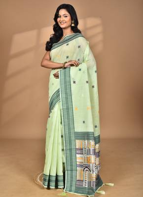 light green chanderi silk blend saree with blouse piece 1