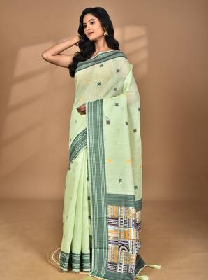 light green chanderi silk blend saree with blouse piece 3