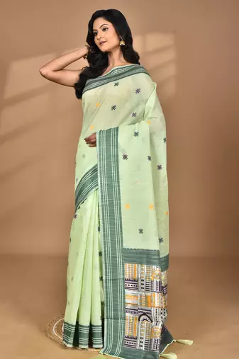 light green chanderi silk blend saree with blouse piece