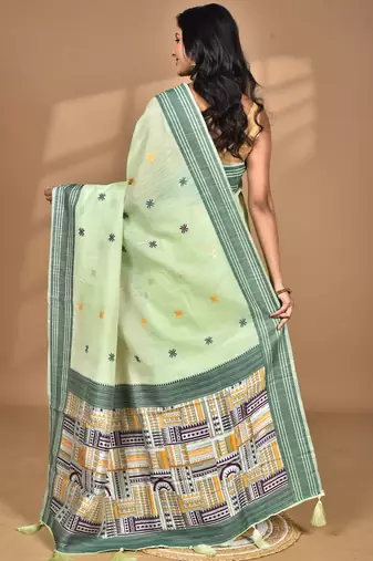 light green chanderi silk blend saree with blouse piece